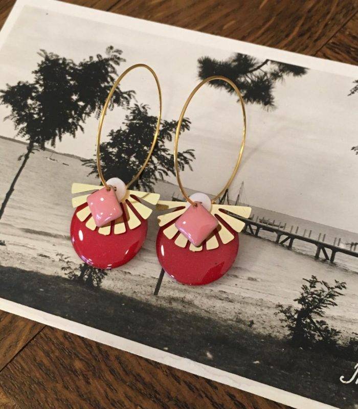 Boucles d'oreilles éventail doré</br>acier inoxydable<rouge et rose</br>Pas de samedi sans bigoudi